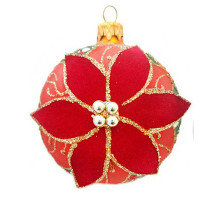 A golden handmade glass Christmas tree ball with a voluminous poinsettia flower, 4 inches