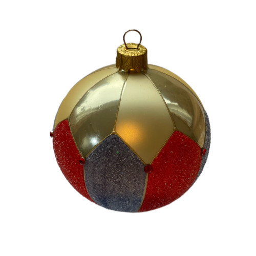 A golden handmade glass Christmas tree ball with a classical ornament "Harlequin", 3,25 inches