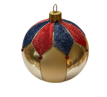 A golden handmade glass Christmas tree ball with a classical ornament "Harlequin", 3,25 inches