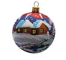 A red handmade glass Christmas tree ball with an artistic painting "A winter farm house",  3,25 inches