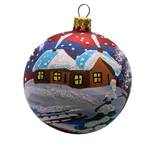 A red handmade glass Christmas tree ball with an artistic painting "A winter farm house",  3,25 inches