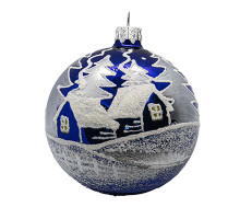 A blue handmade glass Christmas tree ball with an artistic painting "A winter village", 3,25 inches