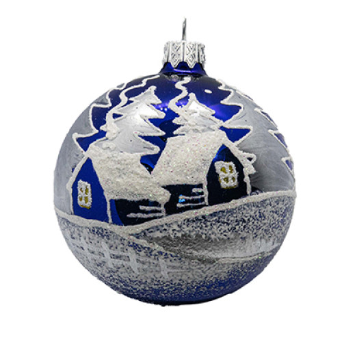 Куля скляна синя, з художнім розписом "Зимове село",  декорована сріблом, ручної роботи, 8 см
