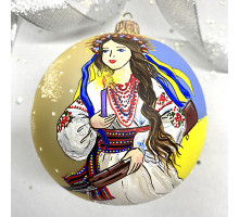 A handmade glass Christmas tree ball with a portrait of Ukrainian girl,