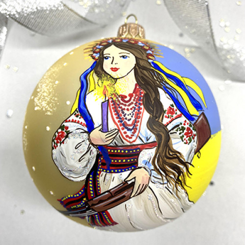 Куля ялинкова скляна, з портретом дівчини-українки, ручної роботи,  10 см