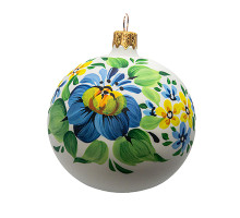 A white handmade glass Christmas tree ball with a blue and yellow flower painting, 3,25 inches