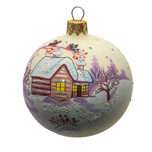 A white handmade glass Christmas tree ball with an artistic painting "A winter village", 3,25 inches