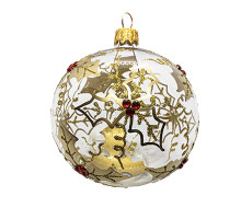 A transparent handmade glass Christmas tree ball with an ornamentation from the golden leaves, 3,25 inches