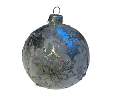 Куля скляна прозора, матова, з орнаментом з срібних листочків, ручної роботи, 8 см