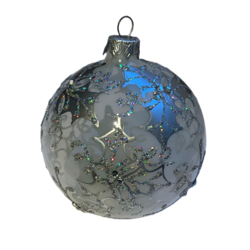 A transparent handmade glass Christmas tree ball with an ornamentation from the silver leaves, 3,25 inches