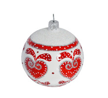 A white handmade glass Christmas tree ball with a traditional red ornament, 3,25 inches
