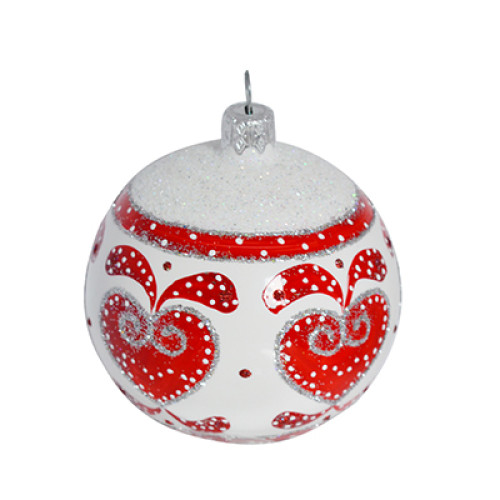 A white handmade glass Christmas tree ball with a traditional red ornament, 3,25 inches