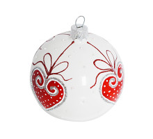 A white handmade glass Christmas tree ball with a classical red heart, 3,25 inches