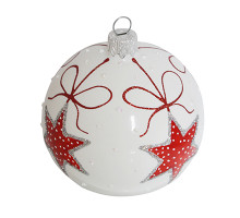 Куля скляна біла, з червоною різдвяною зіркою, ручної роботи, 8 см