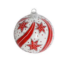 A white handmade glass Christmas tree ball with a red and silver ornament, 3,25 inches