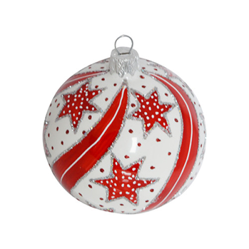 A white handmade glass Christmas tree ball with a red and silver ornament, 3,25 inches