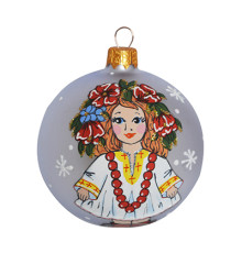 A handmade glass Christmas tree ball with a portrait of Ukrainian girl with a viburnum wreath on her head, 3,25 inches