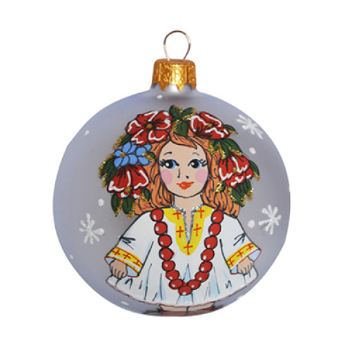 A handmade glass Christmas tree ball with a portrait of Ukrainian girl with a viburnum wreath on her head, 3,25 inches