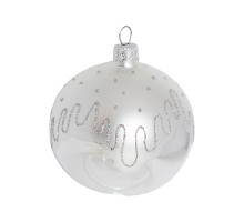 A silver handmade glass Christmas tree ball with an artistic painting, 3,25 inches