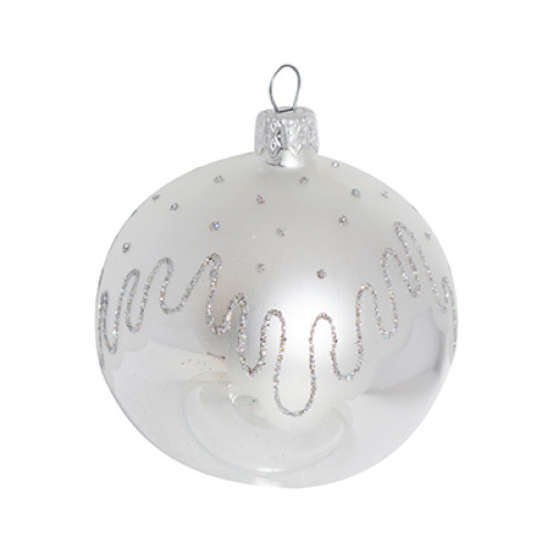 A silver handmade glass Christmas tree ball with an artistic painting, 3,25 inches