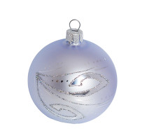 A sky blue handmade glass Christmas tree ball with a blue and silver painting, 3,25 inches