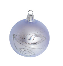A sky blue handmade glass Christmas tree ball with a blue and silver painting, 3,25 inches