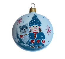 A white handmade glass Christmas tree ball with a depiction of a dwarf with a doggy, 3,25 inches
