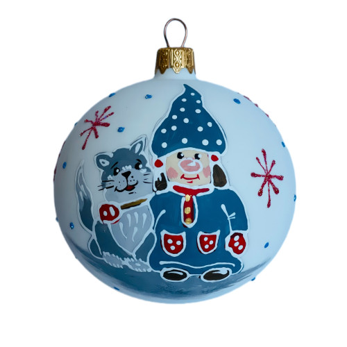 A white handmade glass Christmas tree ball with a depiction of a dwarf with a doggy, 3,25 inches