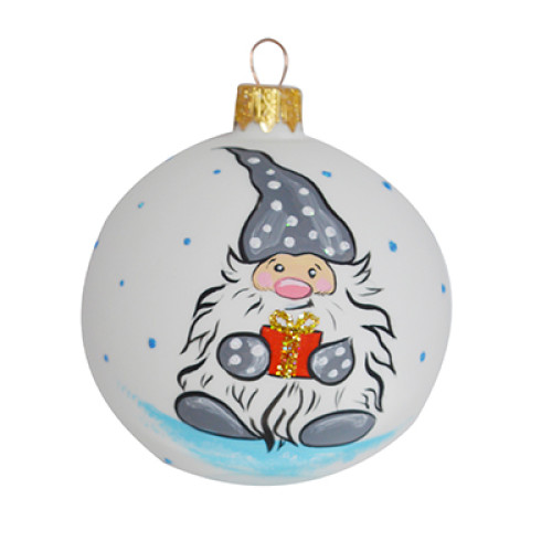 A white handmade glass Christmas tree ball with a depiction of a Dwarf with a present, 3,25 inches
