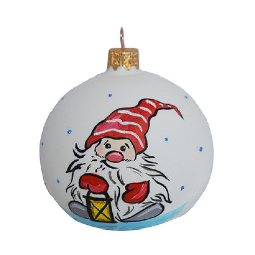 A white handmade glass Christmas tree ball with a depiction of a Dwarf with a lantern, 3,25 inches