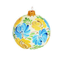 A silver handmade glass Christmas tree ball with yellow and blue flowers and a golden embellishment, 3,25 inches