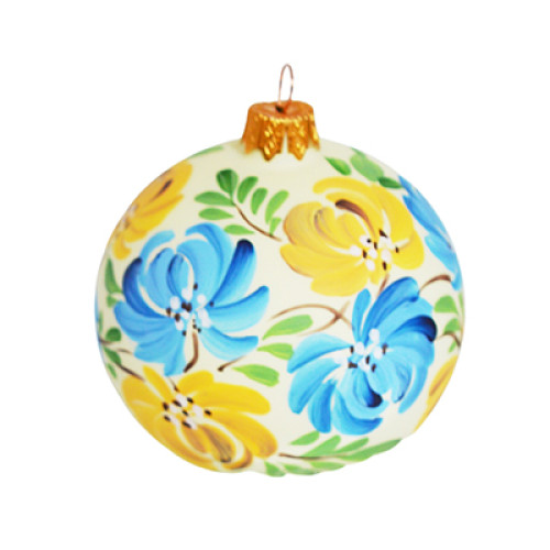 Куля скляна срібна, з жовто-блакитними квітами та золотим декором, ручної роботи, 8 см