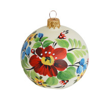 A white handmade glass Christmas tree ball with a traditional flower painting, 3,25 inches