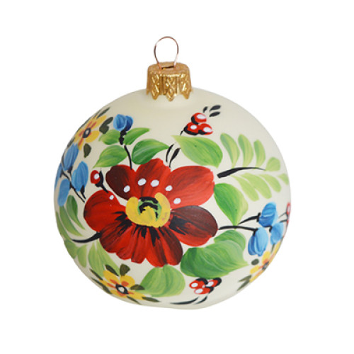 A white handmade glass Christmas tree ball with a traditional flower painting, 3,25 inches