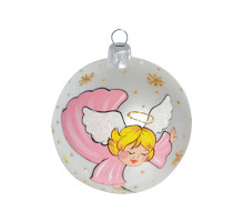 A silver handmade glass Christmas tree ball with an artistic painting "An angel", 3,25 inches