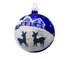 A blue handmade glass Christmas tree ball with an artistic painting "A winter landscape with deer", 3,25 inches