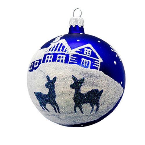 A blue handmade glass Christmas tree ball with an artistic painting "A winter landscape with deer", 3,25 inches