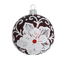 A red handmade glass Christmas tree ball with a white flower, 3,25 inches