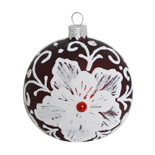 A red handmade glass Christmas tree ball with a white flower, 3,25 inches