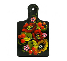 A black handmade wooden magnet with bright flowers, hand-painted in Petrykivskyi painting technique "A cutting board", 3 inches