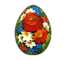 A black wooden magnet with bright flowers, hand-painted in Petrykivskyi painting technique "Pysanka", 2,6 inches