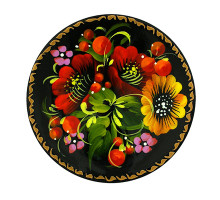 A black handmade wooden magnet with bright flowers, hand-painted in Petrykivskyi painting technique "A plate", 2,8 inches