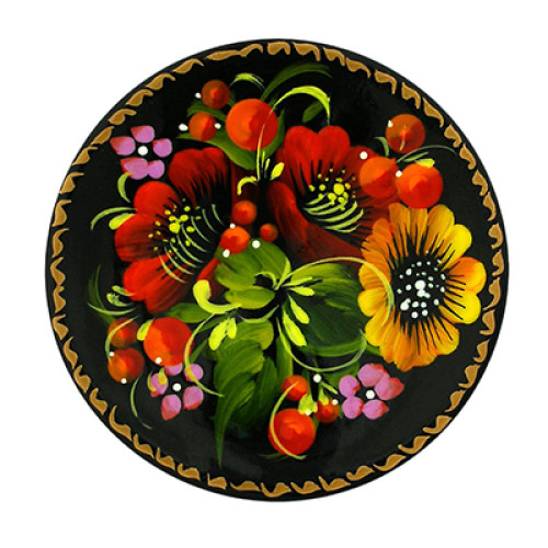 A black handmade wooden magnet with bright flowers, hand-painted in Petrykivskyi painting technique "A plate", 2,8 inches