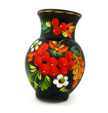 A black handmade wooden magnet with bright flowers, hand-painted in Petrykivskyi painting technique "A jug", 2,8 inches