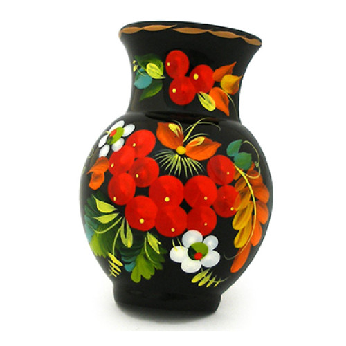 A black handmade wooden magnet with bright flowers, hand-painted in Petrykivskyi painting technique "A jug", 2,8 inches