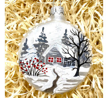 Ялинкова скляна підвіска з художнім  розписом "Зимове село", срібна, ручної роботи, 6см