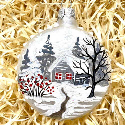 A silver handmade glass Christmas tree pendant "A winter village",