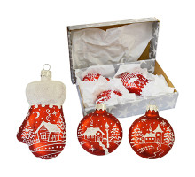A set of handmade glass Christmas tree pendants of 3 units with artistic paintings "A winter village",