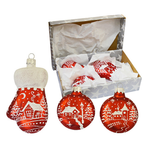 A set of handmade glass Christmas tree pendants of 3 units with artistic paintings "A winter village",