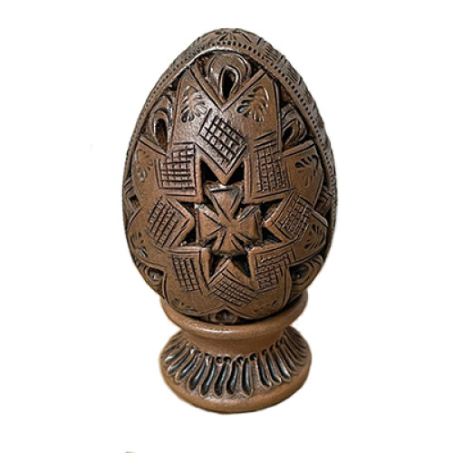 A ceramic pysanka on a stand with a traditional Ukrainian ornament, 3,5 inches